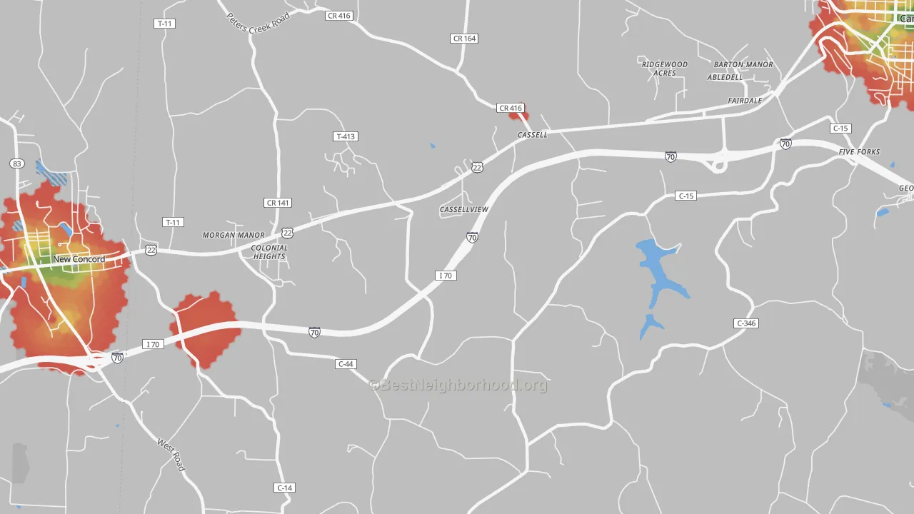 Walk Grade map of Cassell, OH, walkable areas in green and car-dependent areas in red