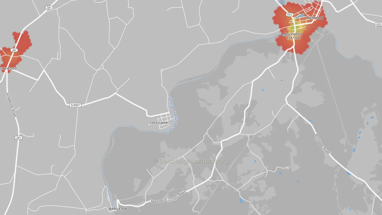 Walk Grade map of Casselman, PA, walkable areas in green and car-dependent areas in red