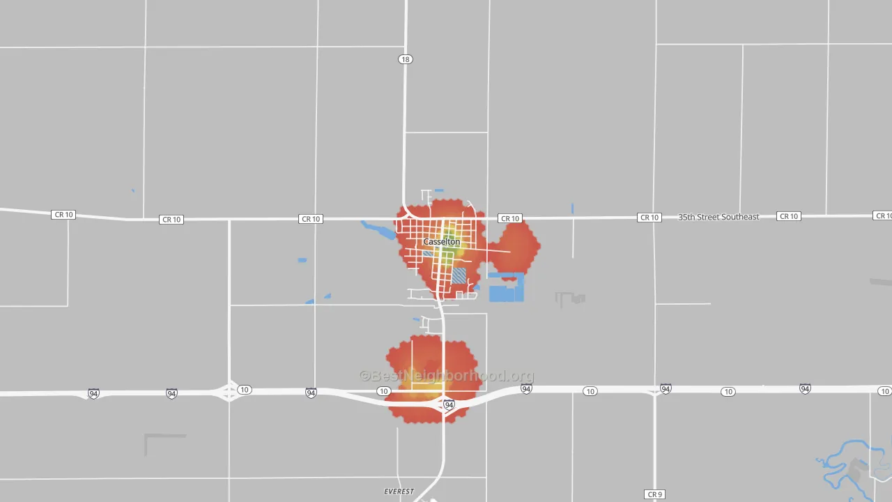 Walk Grade map of Casselton, ND, walkable areas in green and car-dependent areas in red