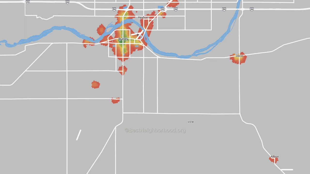 Walk Grade map of Cassia County, ID, walkable areas in green and car-dependent areas in red