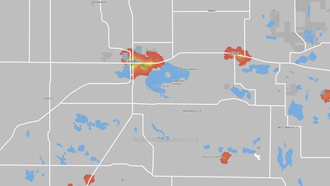Walk Grade map of Cassopolis, MI, walkable areas in green and car-dependent areas in red