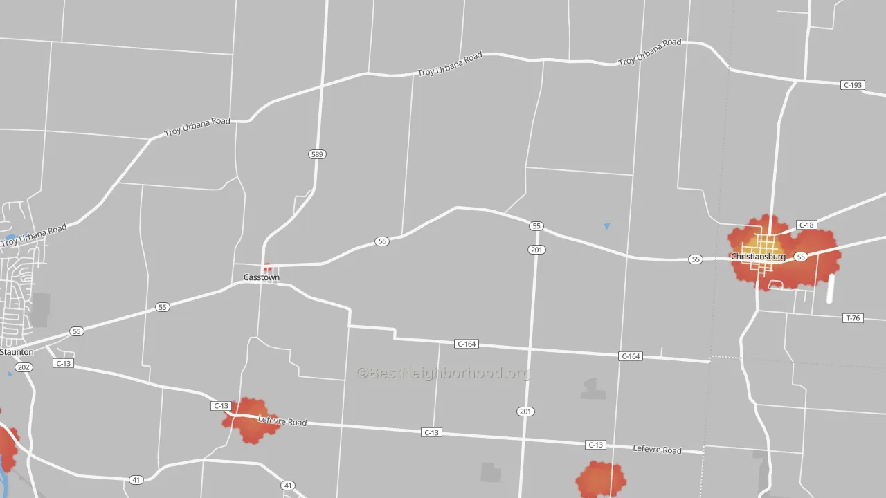 Walk Grade map of Casstown, OH, walkable areas in green and car-dependent areas in red