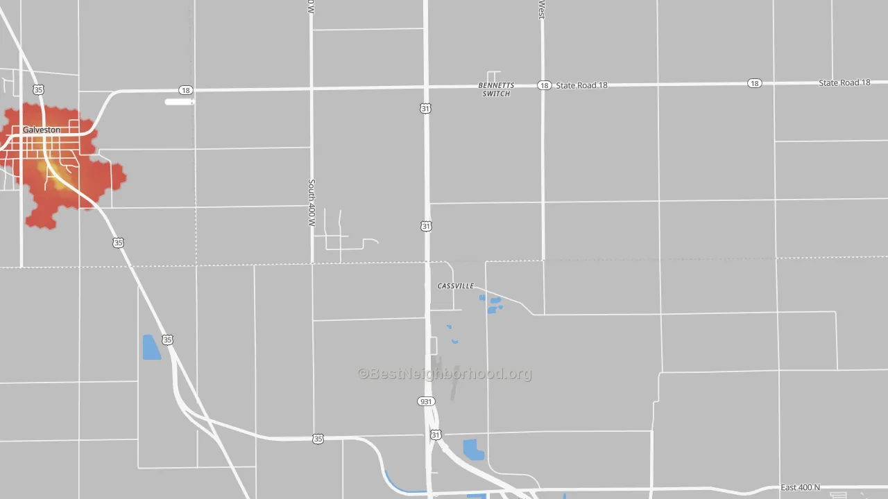Walk Grade map of Cassville, IN, walkable areas in green and car-dependent areas in red