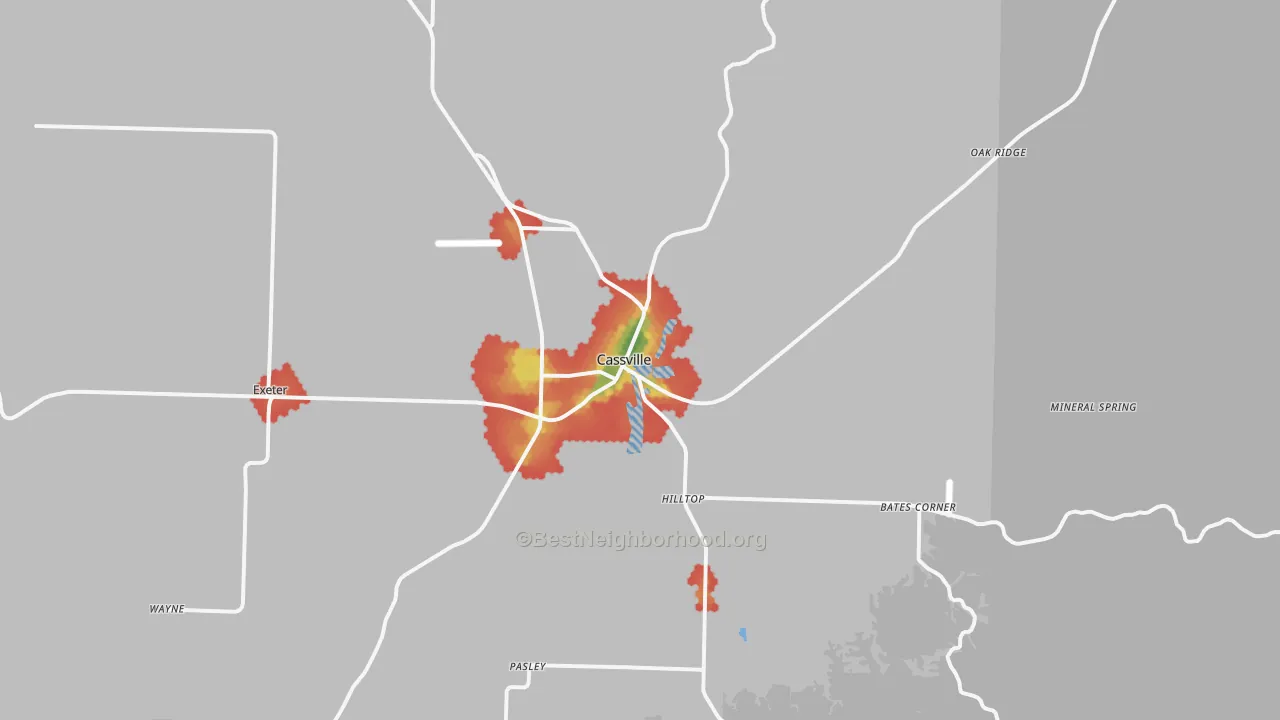 Walk Grade map of Cassville, MO, walkable areas in green and car-dependent areas in red