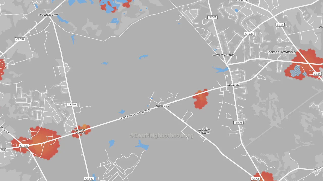 Walk Grade map of Cassville, NJ, walkable areas in green and car-dependent areas in red