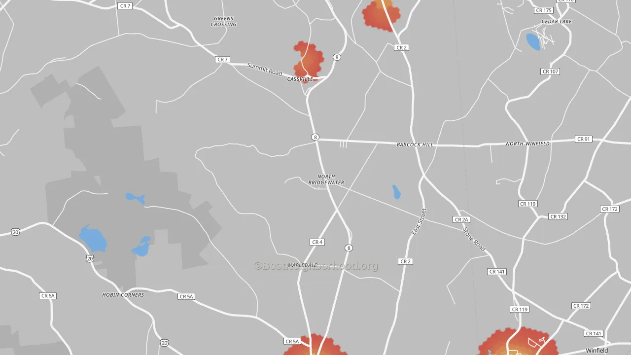 Walk Grade map of Cassville, NY, walkable areas in green and car-dependent areas in red