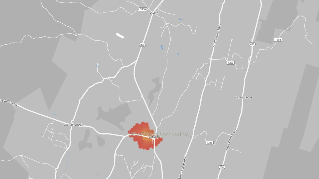 Walk Grade map of Cassville, PA, walkable areas in green and car-dependent areas in red