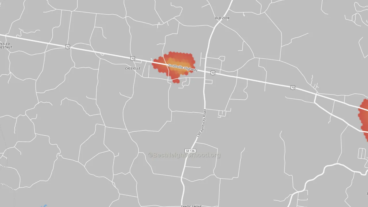 Walk Grade map of Cassville, TN, walkable areas in green and car-dependent areas in red