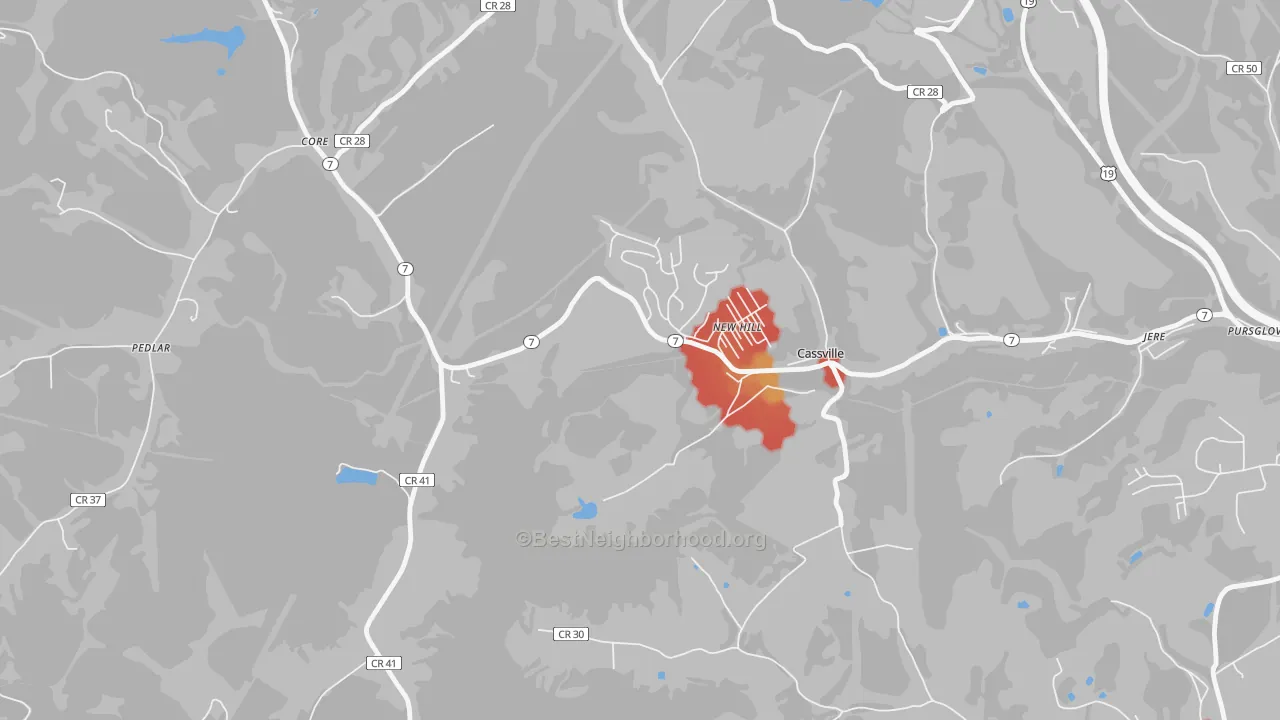 Walk Grade map of Cassville, WV, walkable areas in green and car-dependent areas in red