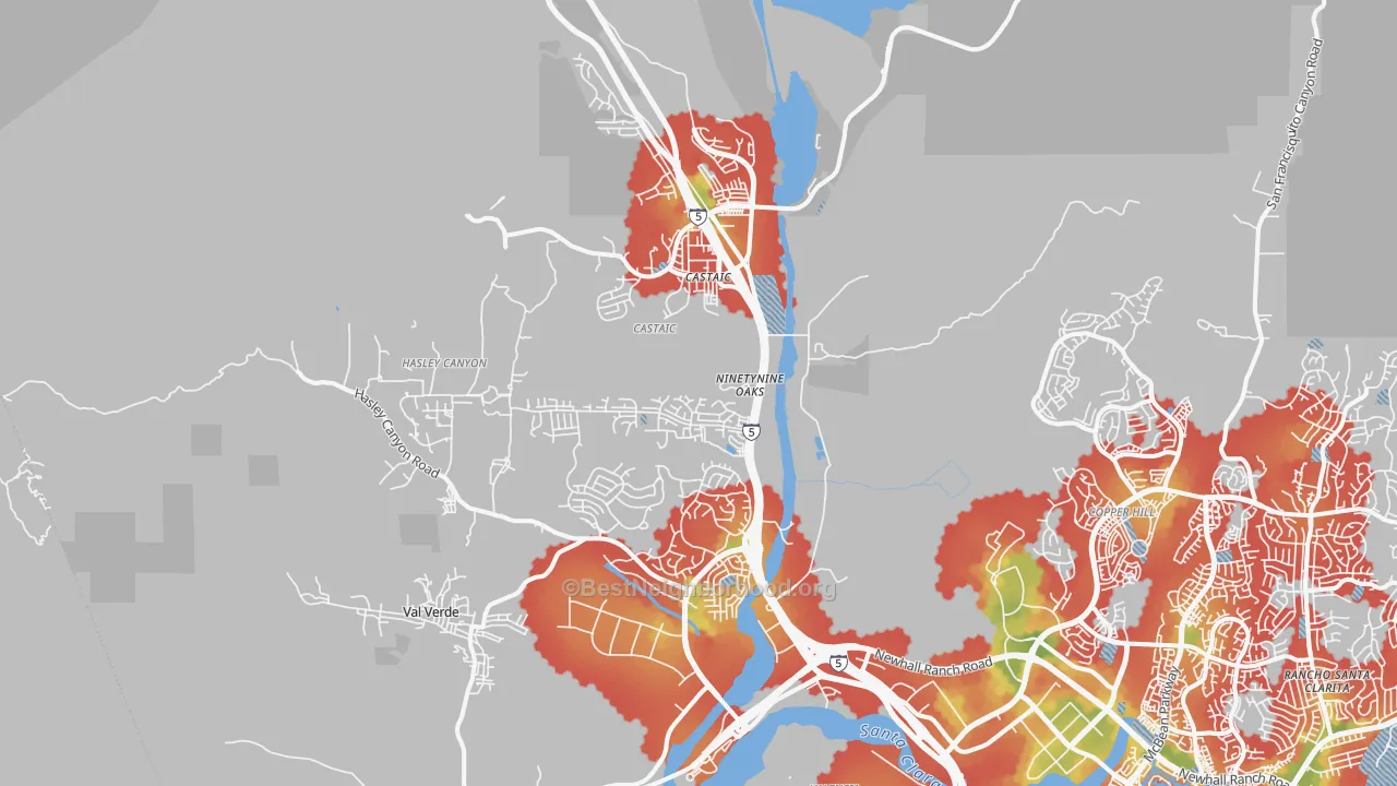 Walk Grade map of Castaic, CA, walkable areas in green and car-dependent areas in red