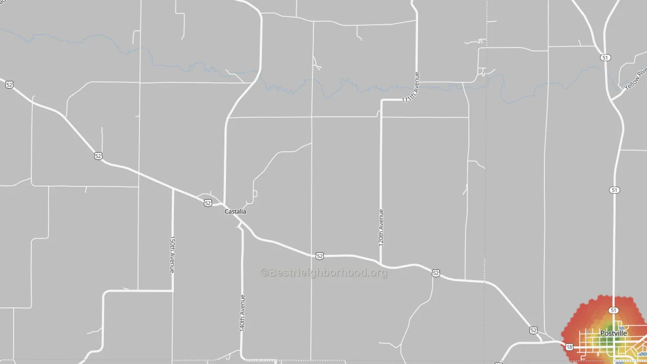 Walk Grade map of Castalia, IA, walkable areas in green and car-dependent areas in red