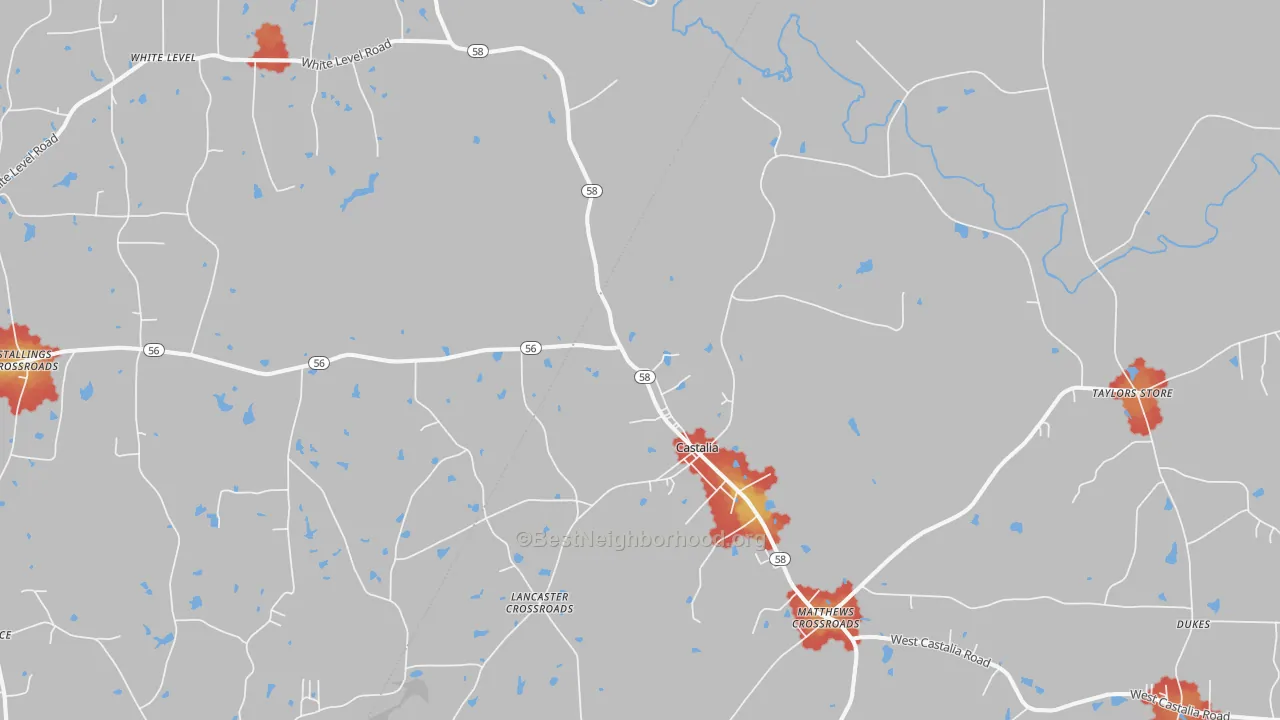 Walk Grade map of Castalia, NC, walkable areas in green and car-dependent areas in red