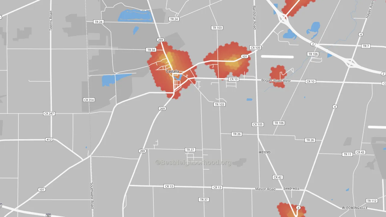 Walk Grade map of Castalia, OH, walkable areas in green and car-dependent areas in red