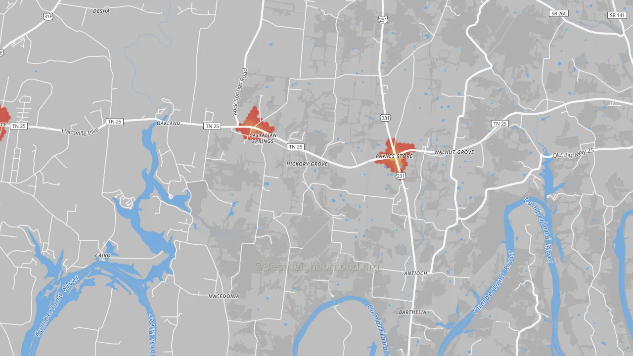 Walk Grade map of Castalian Springs, TN, walkable areas in green and car-dependent areas in red