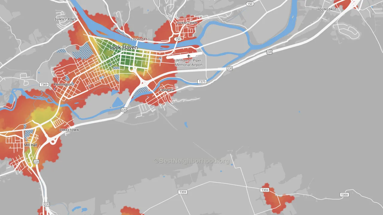 Walk Grade map of Castanea, PA, walkable areas in green and car-dependent areas in red
