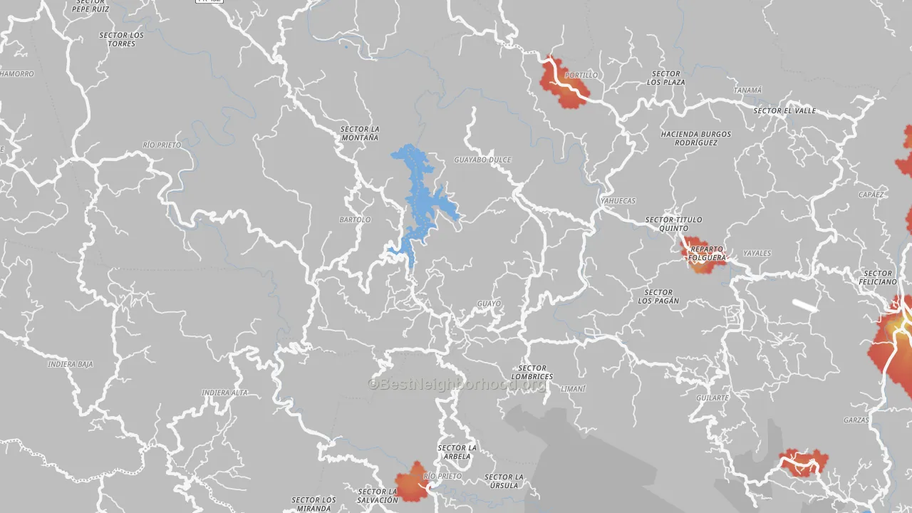 Walk Grade map of Castaner, PR, walkable areas in green and car-dependent areas in red