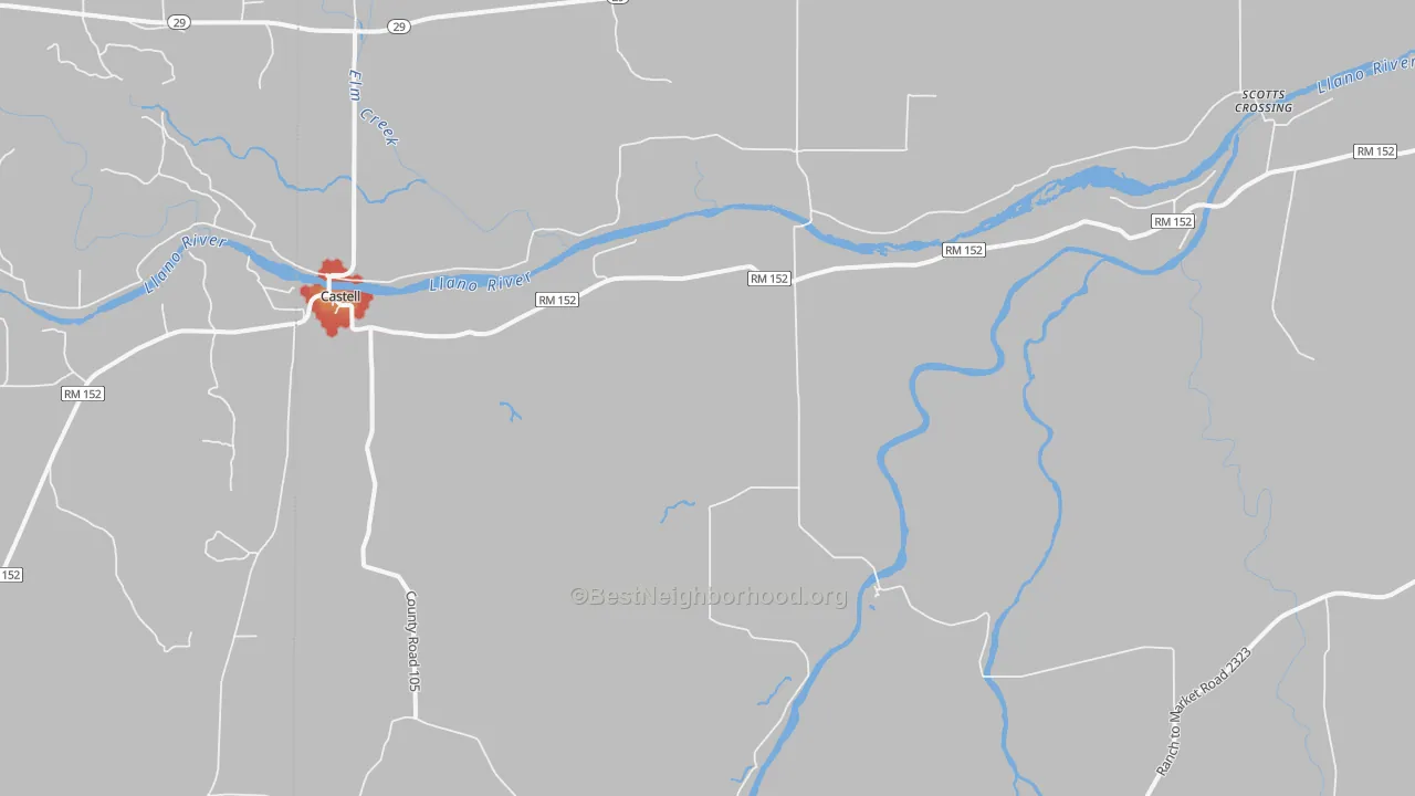 Walk Grade map of Castell, TX, walkable areas in green and car-dependent areas in red