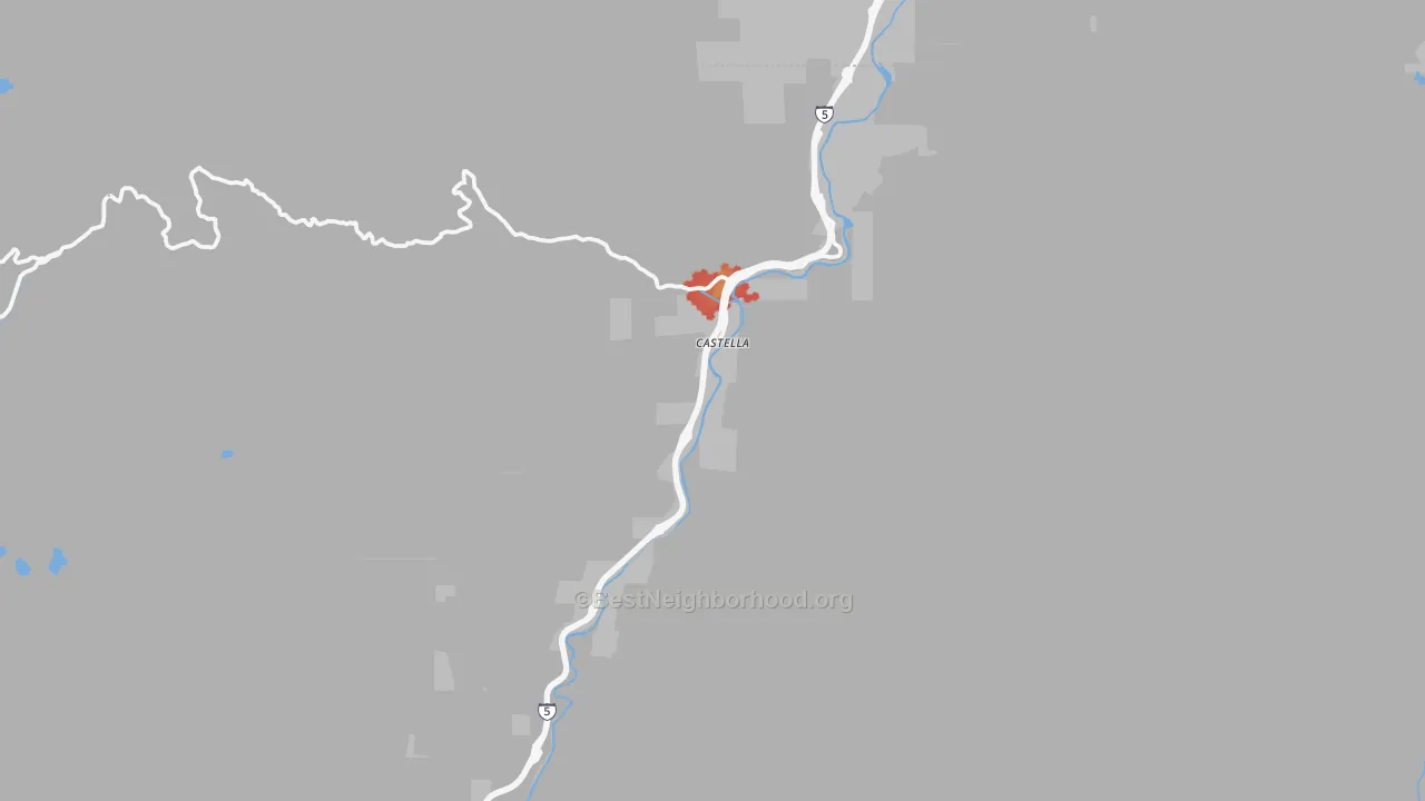 Walk Grade map of Castella, CA, walkable areas in green and car-dependent areas in red