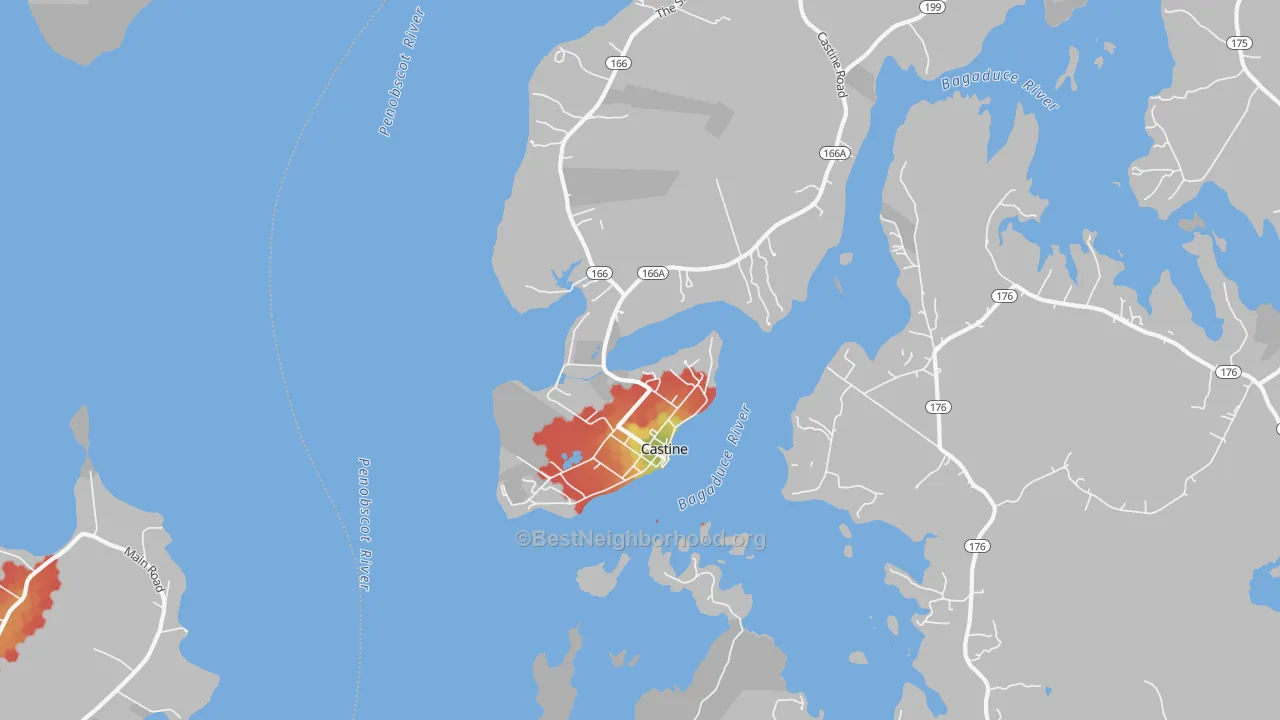 Walk Grade map of Castine, ME, walkable areas in green and car-dependent areas in red