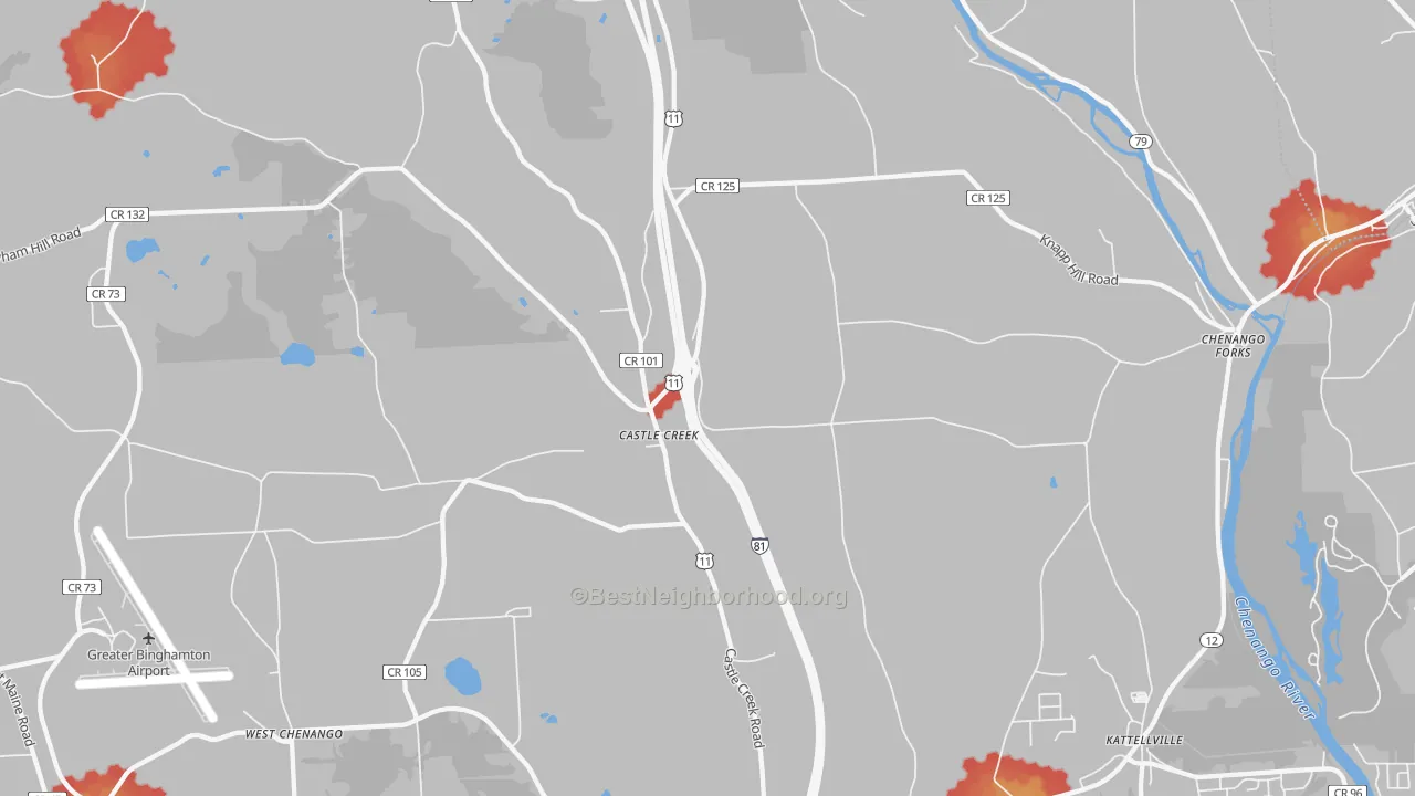 Walk Grade map of Castle Creek, NY, walkable areas in green and car-dependent areas in red