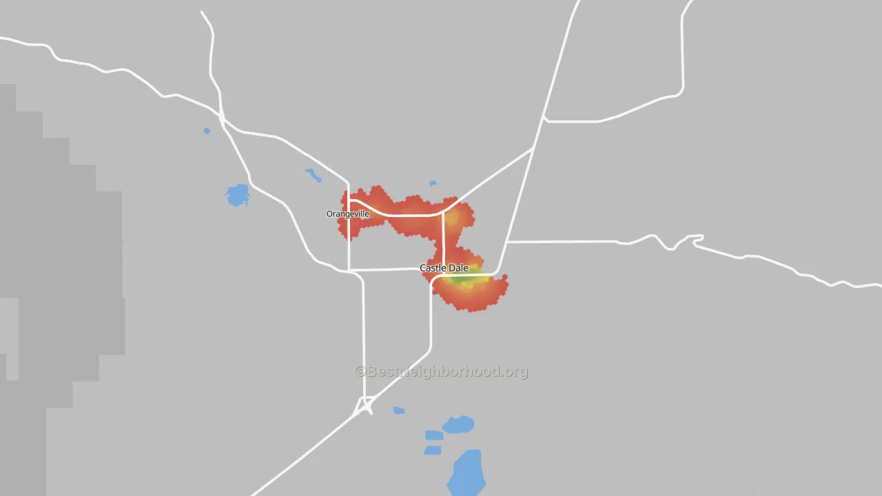 Walk Grade map of Castle Dale, UT, walkable areas in green and car-dependent areas in red
