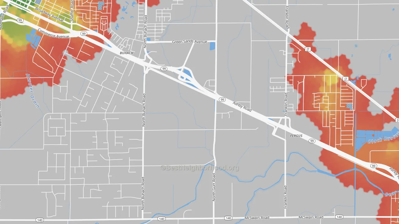 Walk Grade map of Castle Garden, CA, walkable areas in green and car-dependent areas in red