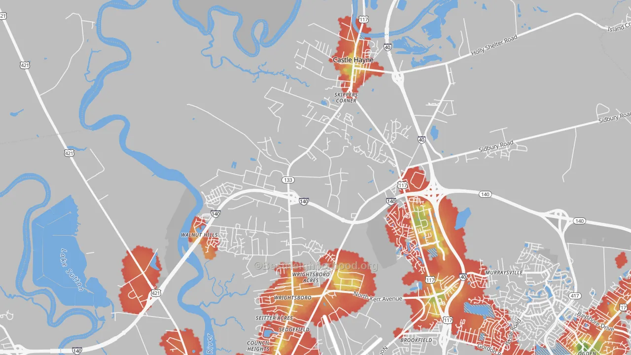 Walk Grade map of Castle Hayne, NC, walkable areas in green and car-dependent areas in red