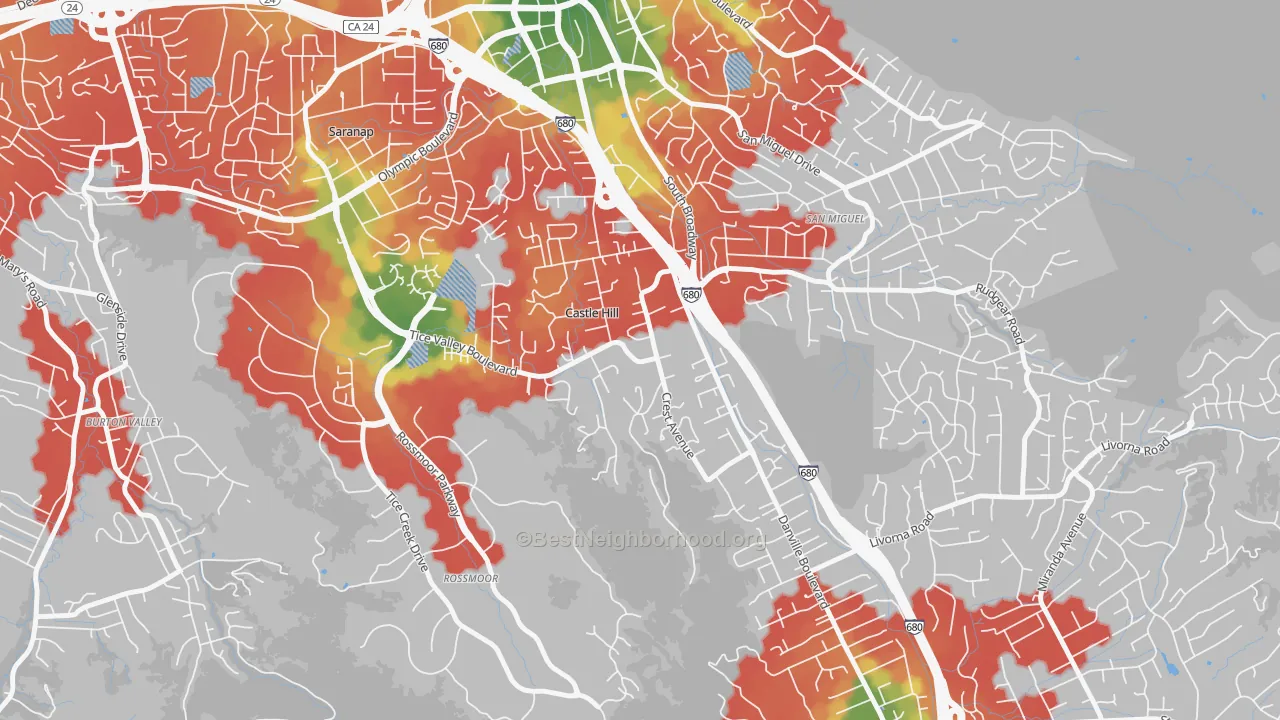 Walk Grade map of Castle Hill, CA, walkable areas in green and car-dependent areas in red