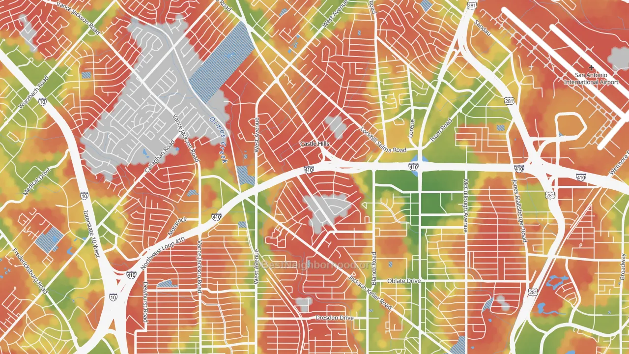 Walk Grade map of Castle Hills, TX, walkable areas in green and car-dependent areas in red