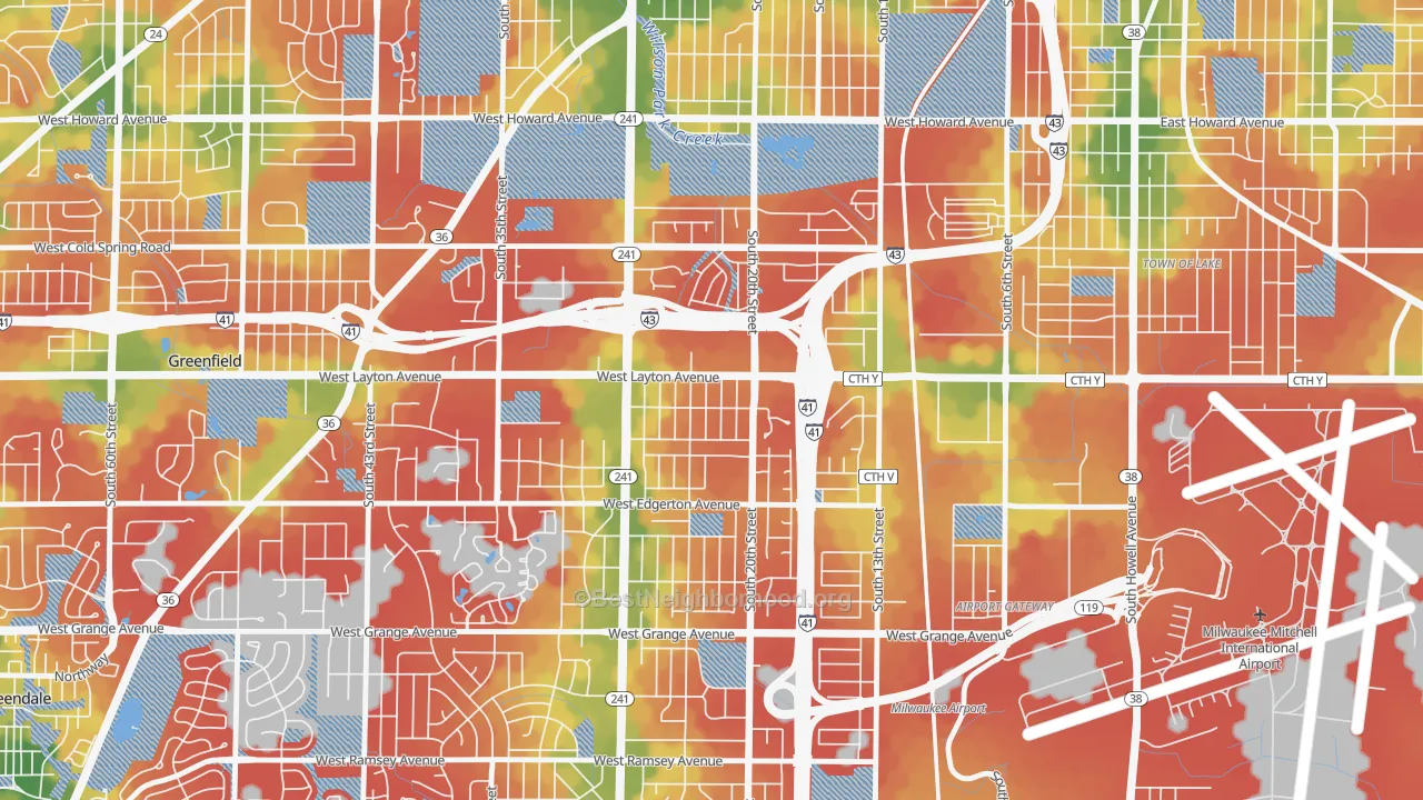 Walk Grade map of Castle Manor, Milwaukee, WI, walkable areas in green and car-dependent areas in red