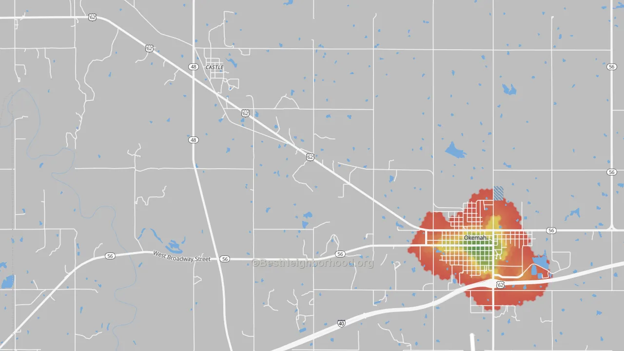 Walk Grade map of Castle, OK, walkable areas in green and car-dependent areas in red