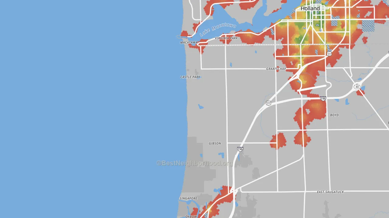 Walk Grade map of Castle Park, MI, walkable areas in green and car-dependent areas in red