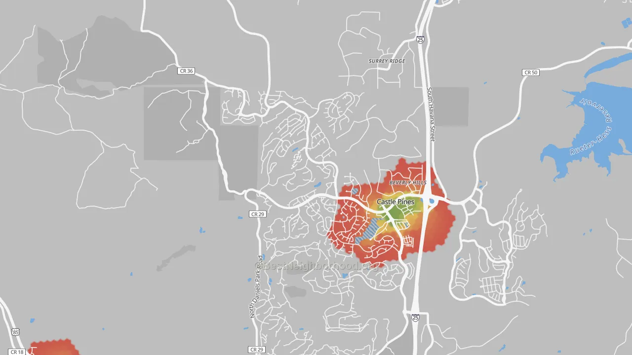 Walk Grade map of Castle Pines North, CO, walkable areas in green and car-dependent areas in red