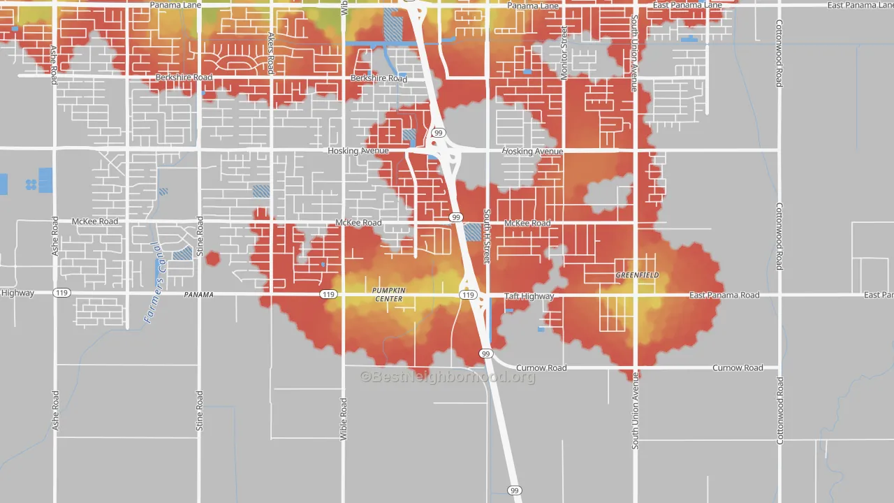 Walk Grade map of Castle Ranch, Bakersfield, CA, walkable areas in green and car-dependent areas in red