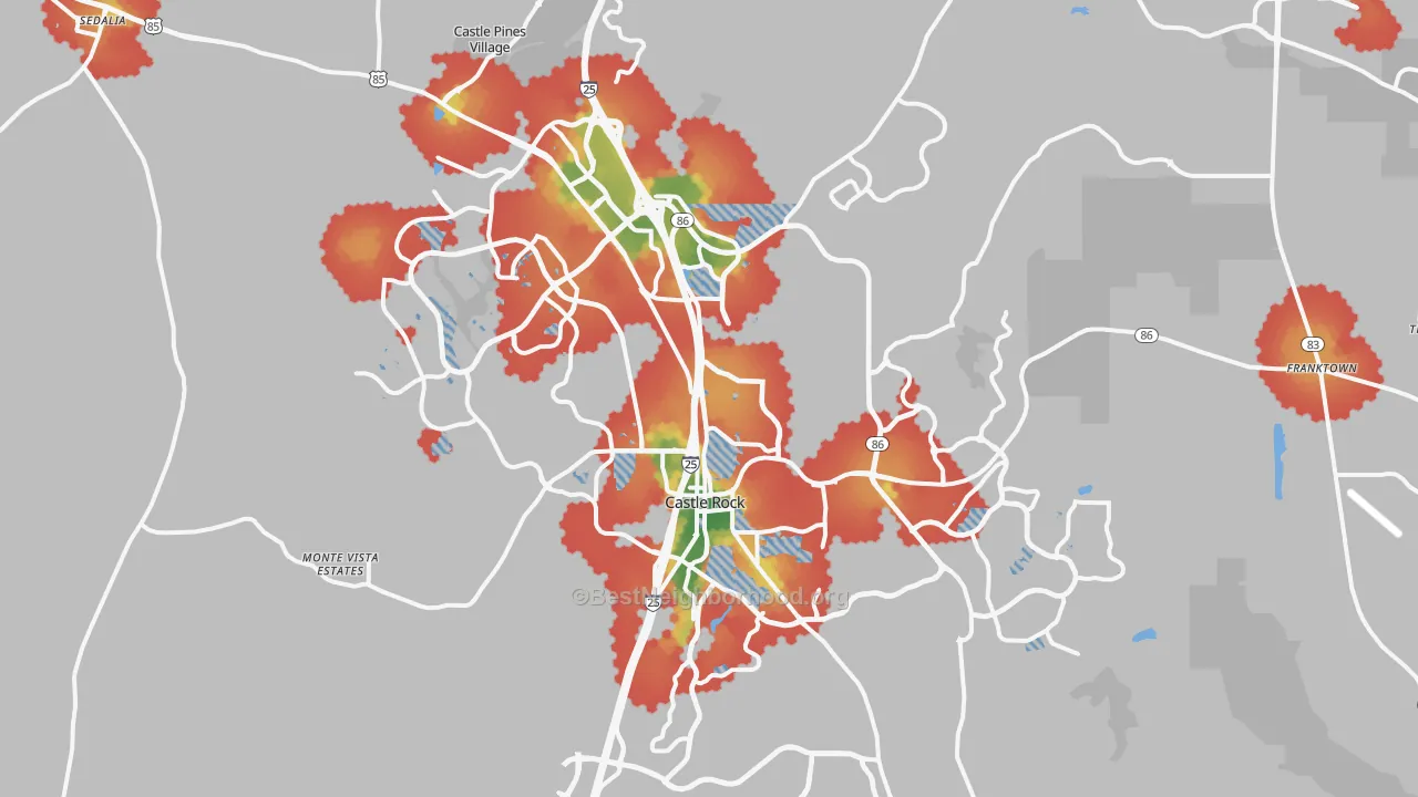 Walk Grade map of Castle Rock, CO, walkable areas in green and car-dependent areas in red