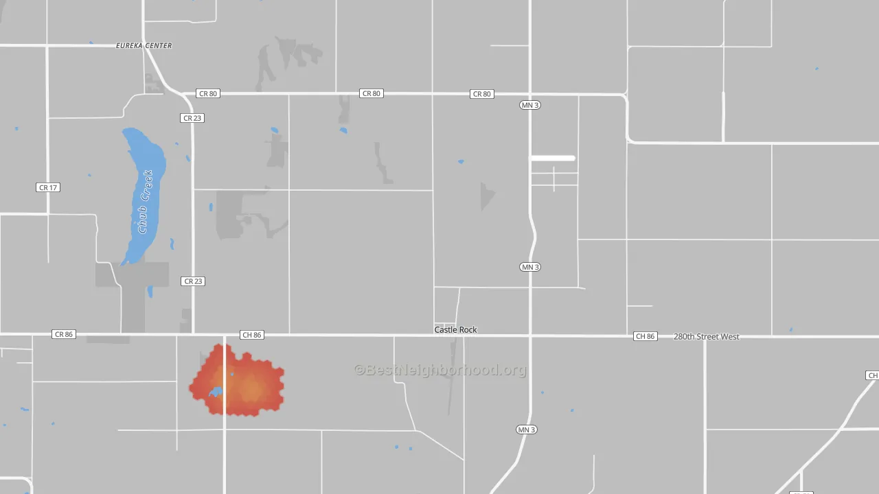 Walk Grade map of Castle Rock, MN, walkable areas in green and car-dependent areas in red