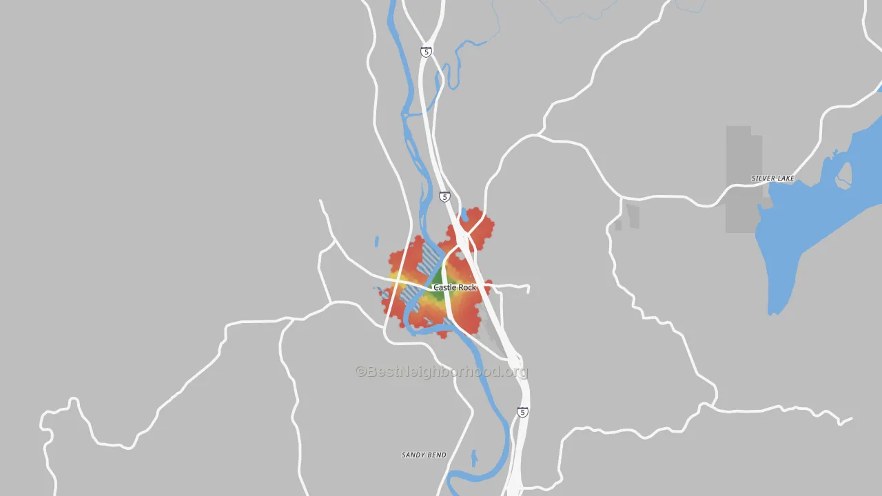Walk Grade map of Castle Rock, WA, walkable areas in green and car-dependent areas in red