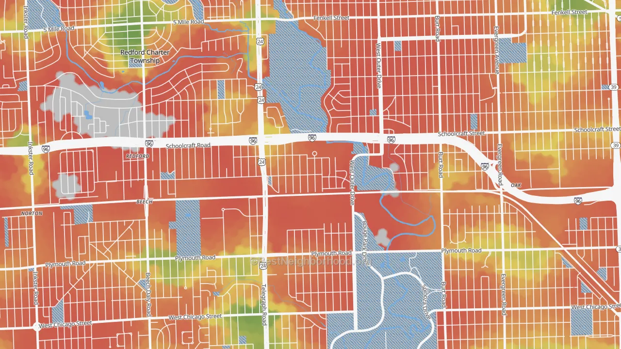 Walk Grade map of Castle Rouge, Detroit, MI, walkable areas in green and car-dependent areas in red