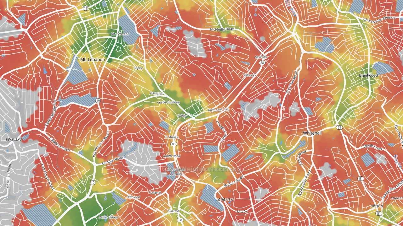 Walk Grade map of Castle Shannon, PA, walkable areas in green and car-dependent areas in red