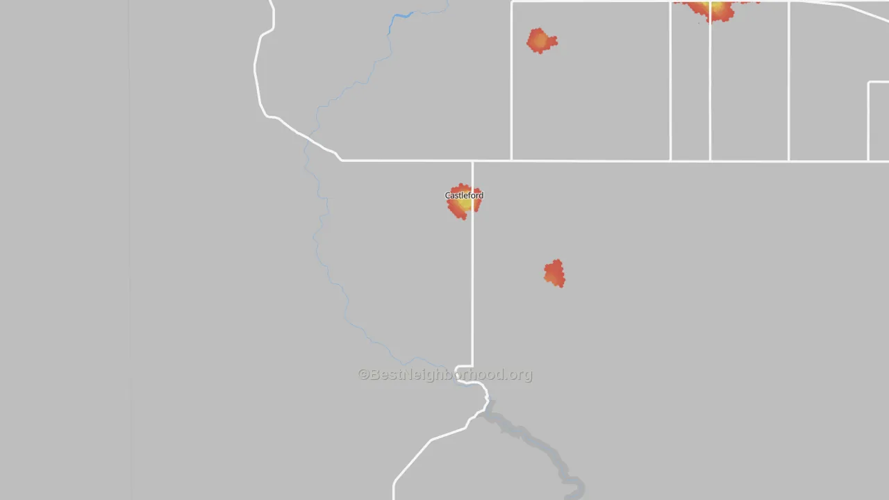 Walk Grade map of Castleford, ID, walkable areas in green and car-dependent areas in red