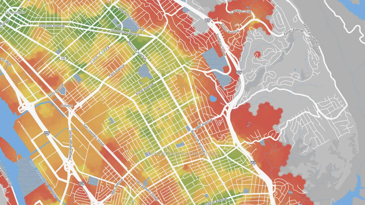Walk Grade map of Castlemont, Oakland, CA, walkable areas in green and car-dependent areas in red