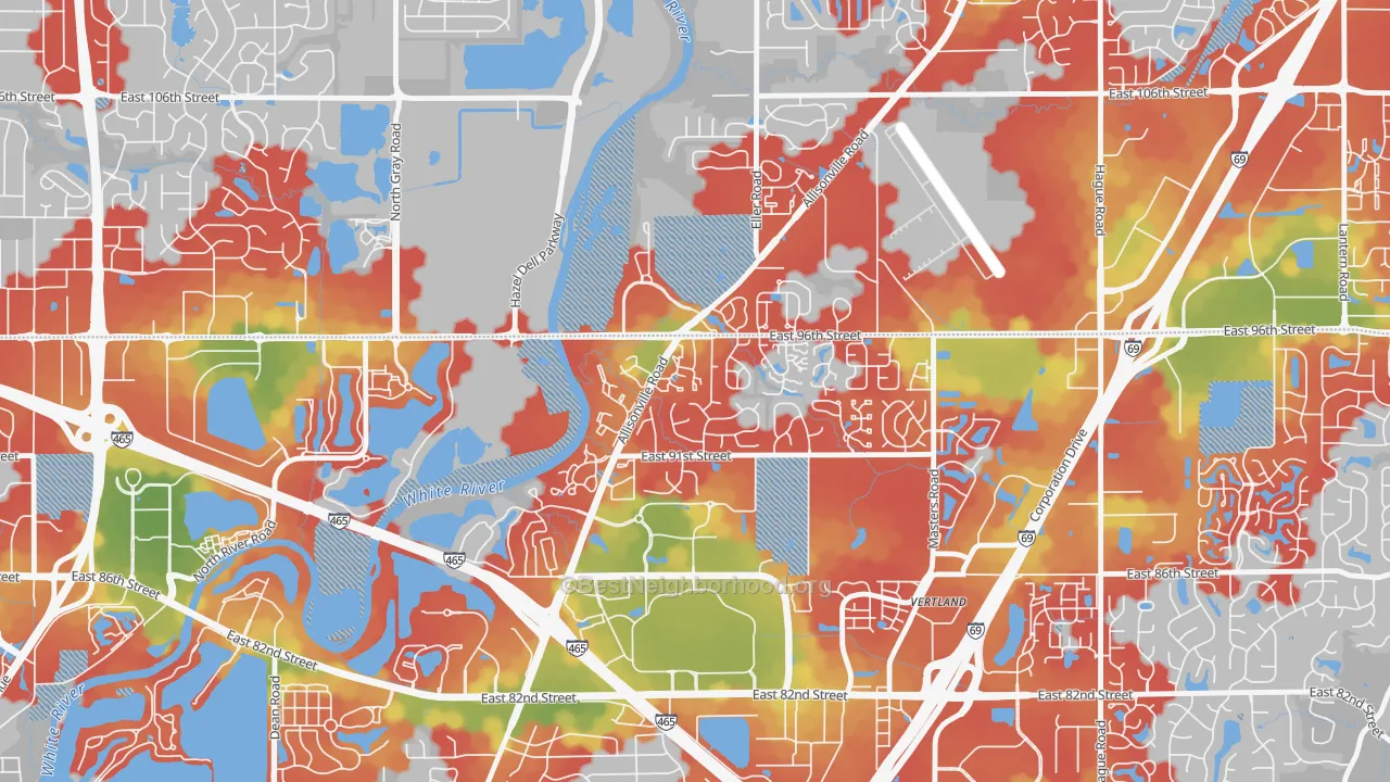 Walk Grade map of Castleton, Indianapolis, IN, walkable areas in green and car-dependent areas in red