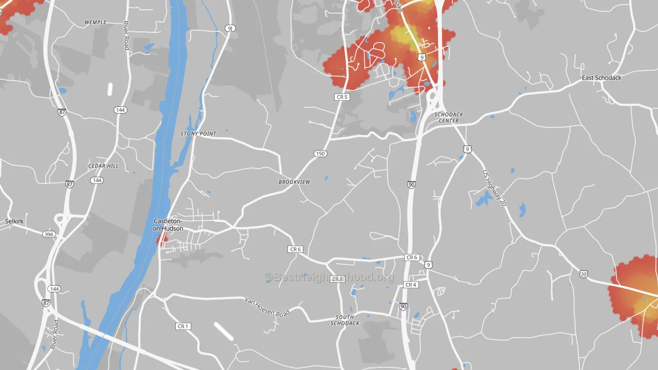 Walk Grade map of Castleton On Hudson, NY, walkable areas in green and car-dependent areas in red