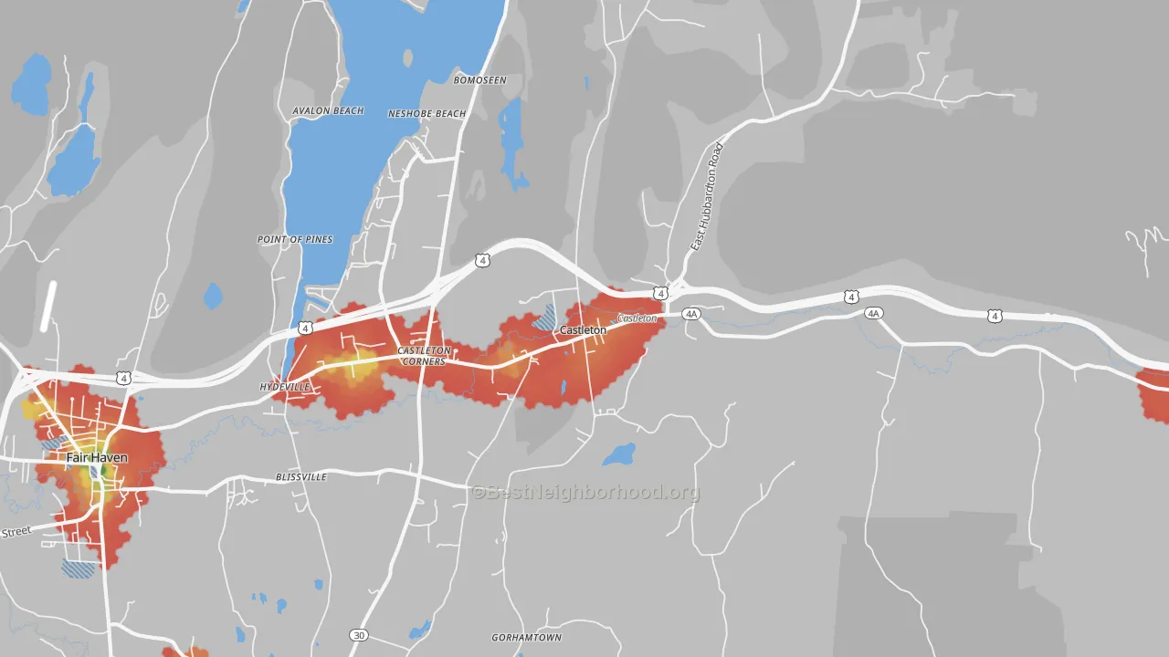 Walk Grade map of Castleton, VT, walkable areas in green and car-dependent areas in red