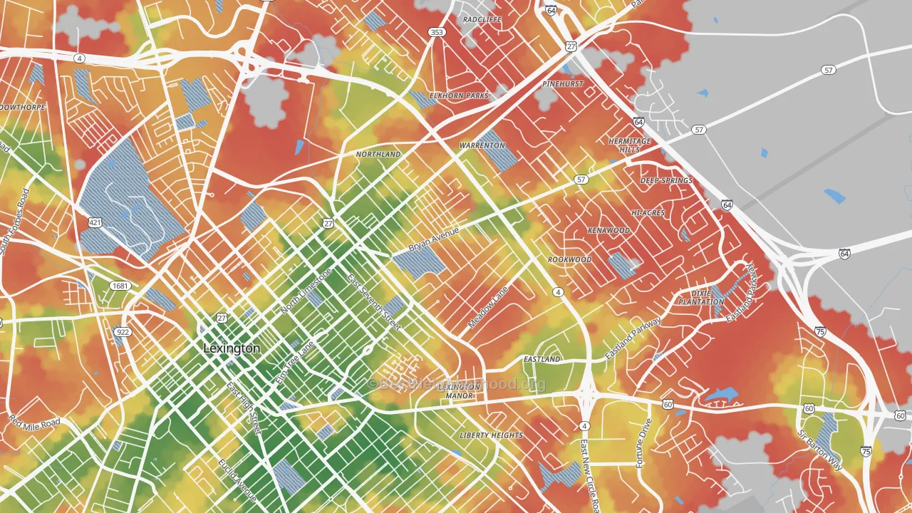 Walk Grade map of Castlewood Park, Lexington, KY, walkable areas in green and car-dependent areas in red