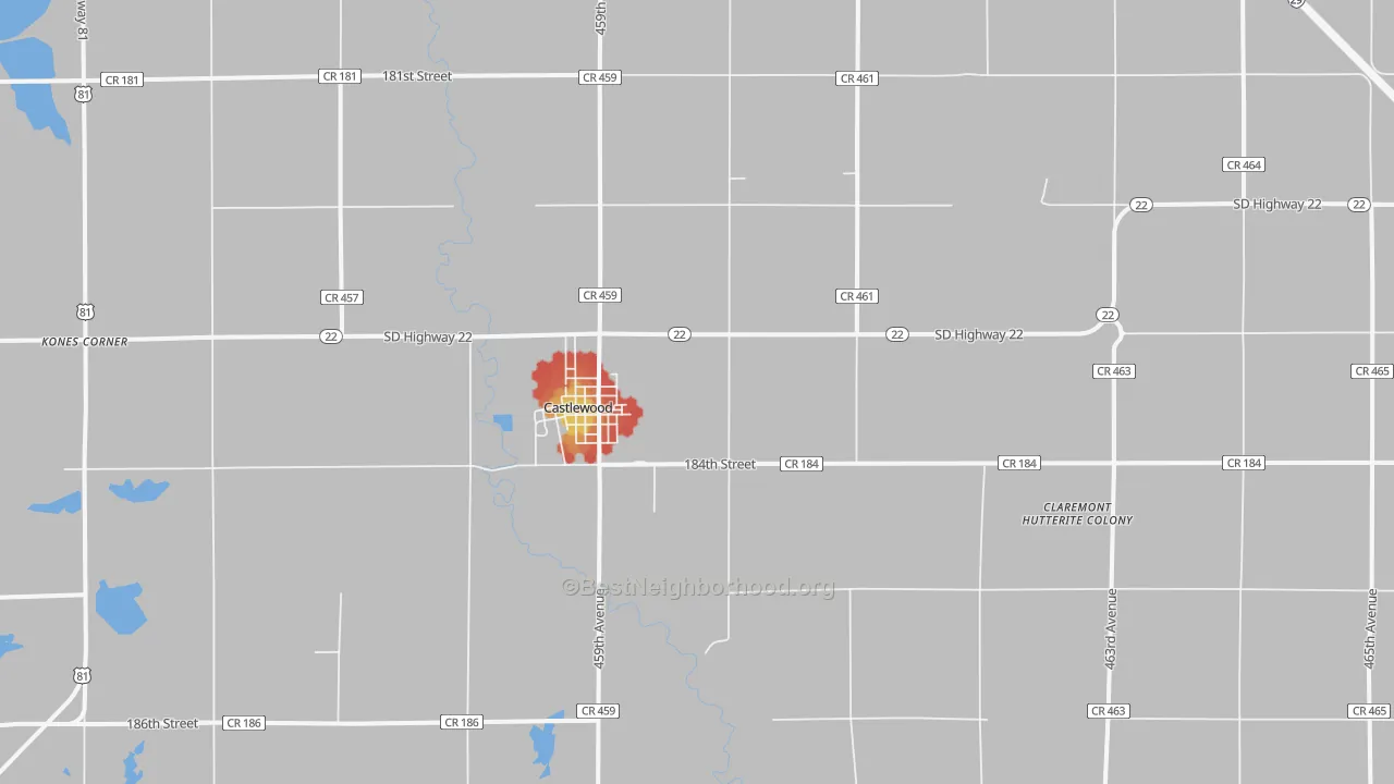 Walk Grade map of Castlewood, SD, walkable areas in green and car-dependent areas in red