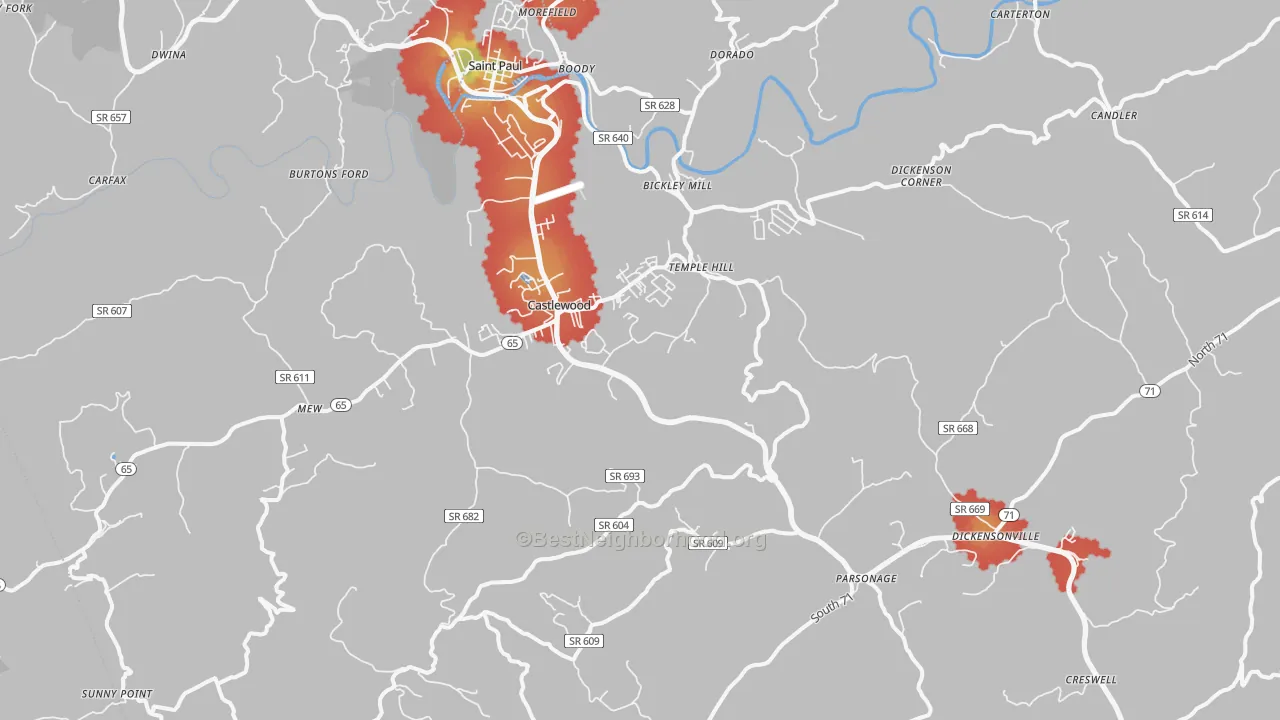 Walk Grade map of Castlewood, VA, walkable areas in green and car-dependent areas in red