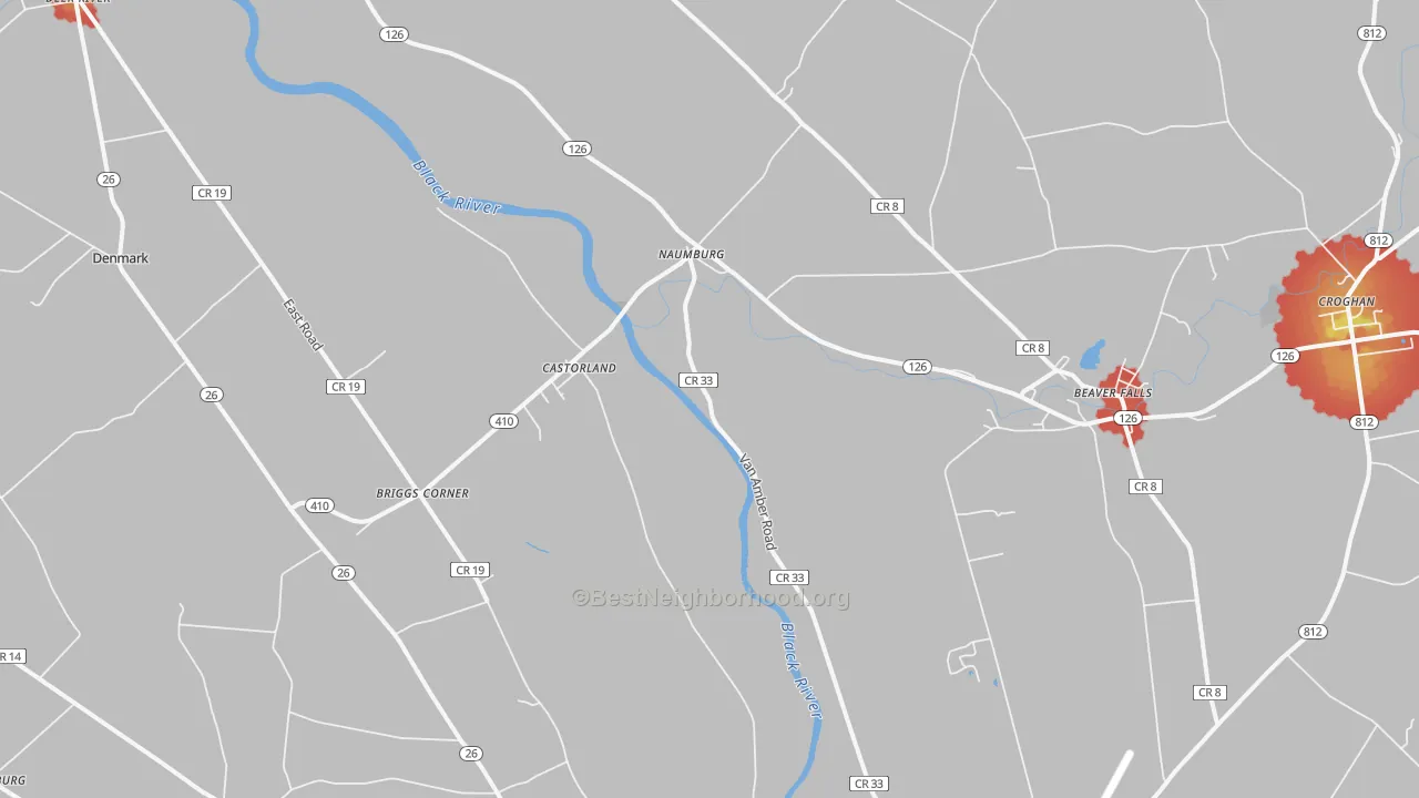 Walk Grade map of Castorland, NY, walkable areas in green and car-dependent areas in red