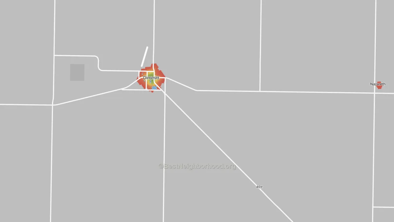 Walk Grade map of Castro County, TX, walkable areas in green and car-dependent areas in red