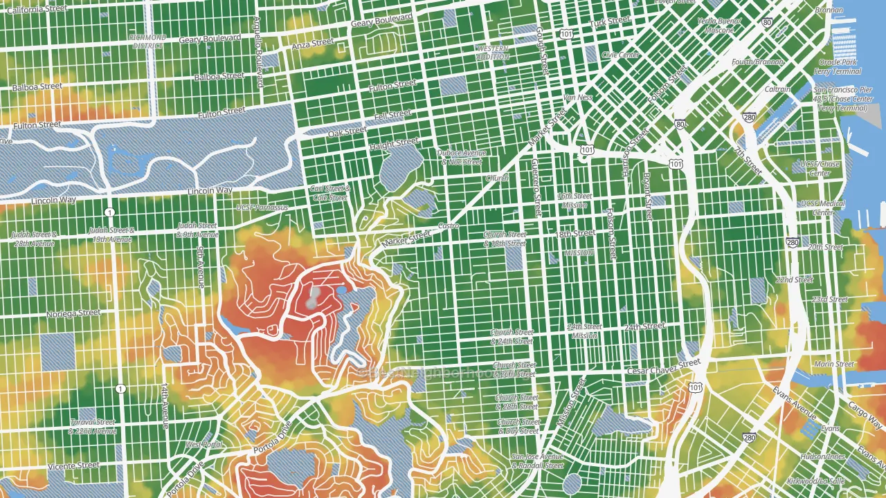 Walk Grade map of Castro-Upper Market, San Francisco, CA, walkable areas in green and car-dependent areas in red